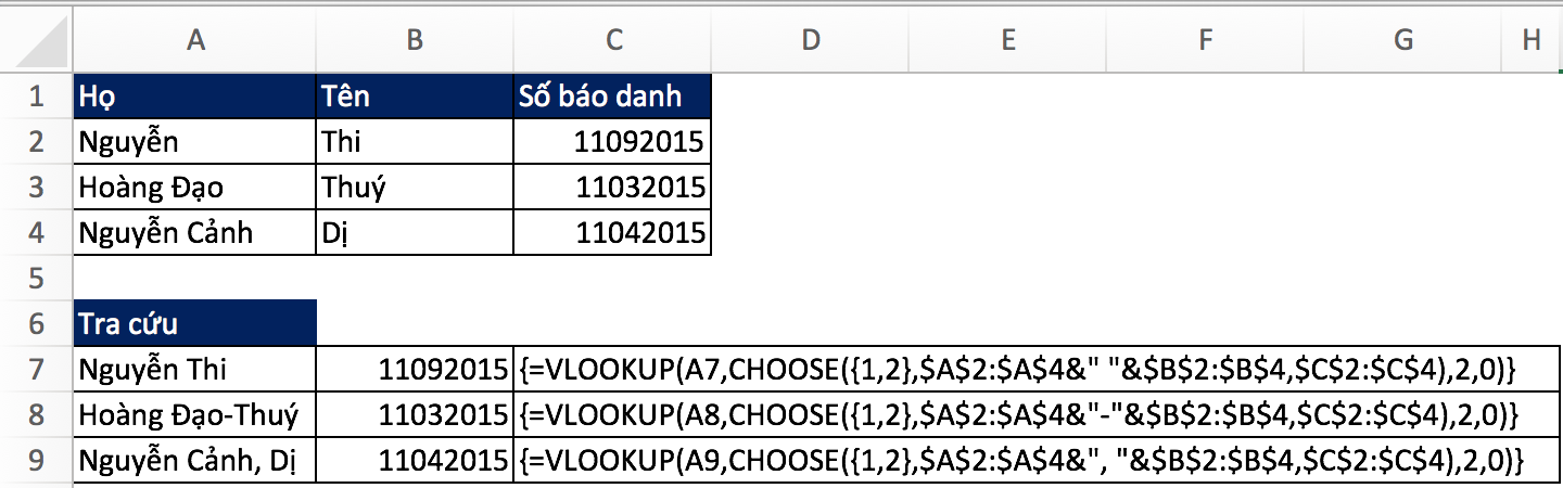 Excel sử dụng vlookup nhiều điều kiện