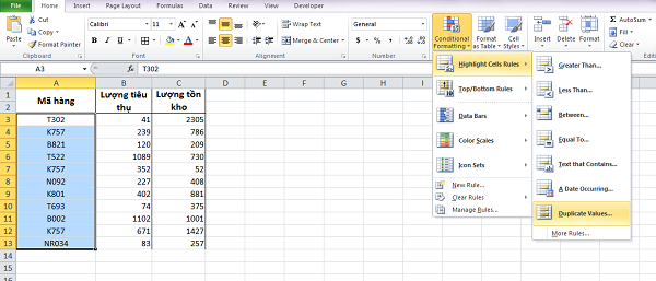 3-2-3 Home - Conditional Formatting - Highlight Cells Rules - Duplicate Values