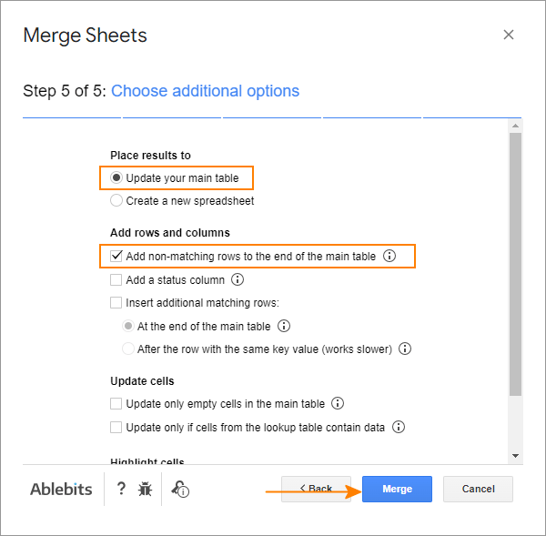 Bước 5: Cách sử dụng tiện ích bổ sung Merge Sheets Select one or more additional options.