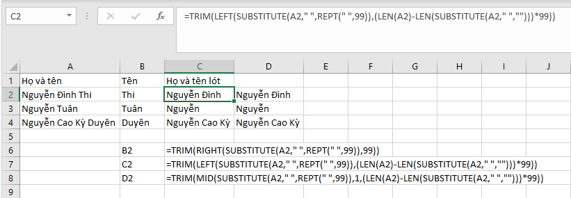cách tách họ tên excel với hàm SUBSTITUTE