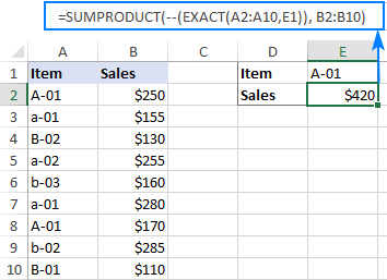 Công thức SUMIF phân biệt chữ hoa chữ thường trong Excel Case-sensitive SUMIF formula