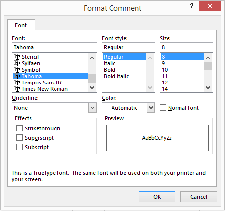 Thay đổi font chữ trong comment excel