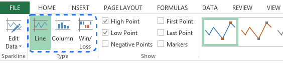 Go to the Type group on the DESIGN tab to change the sparkline type