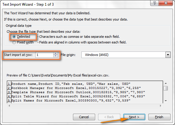 Choose the file type and the row number to start importing the data from CSV to Excel.