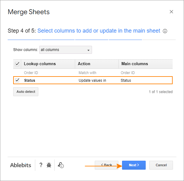 Bước 4: Cách sử dụng tiện ích bổ sung Merge Sheets Select the column(s) to be updated.