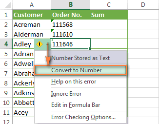 Số được định dạng văn bản 1 Converting numbers formatted as text to the normal numbers format.