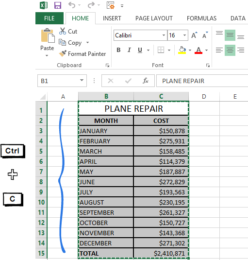 Click Copy or press Ctrl + C to copy the table from Excel to Word