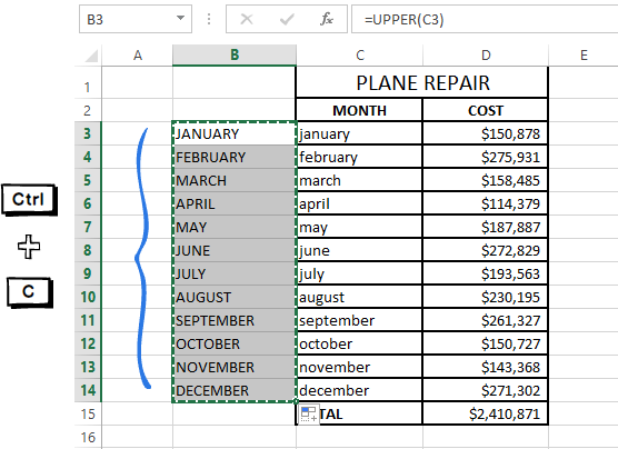 Press Ctrl + C to copy the values from the selected cells