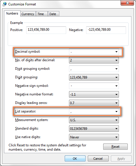 Change separators in Windows Region and Language settings.