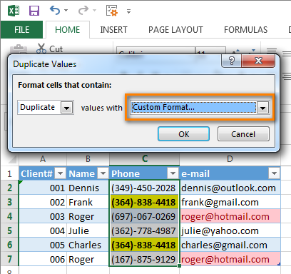 Define custom format for the cells