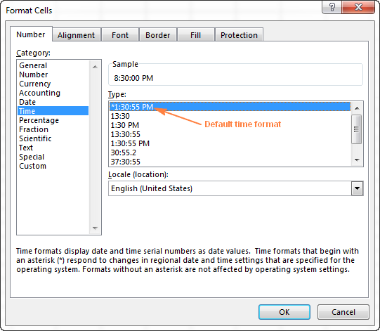 The default time format in Excel