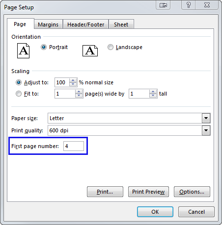 First page number Enter the needed number in the First page number box