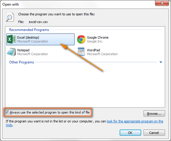 Setting Microsoft Excel as the default program to open .csv files.