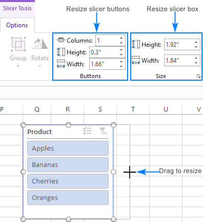 Thay đổi kích thước Slicer Resizing a slicer in Excel