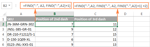 FIND formulas to find the position of 2<sup>nd</sup> and 3<sup>rd</sup> occurrences of a specific character in a string