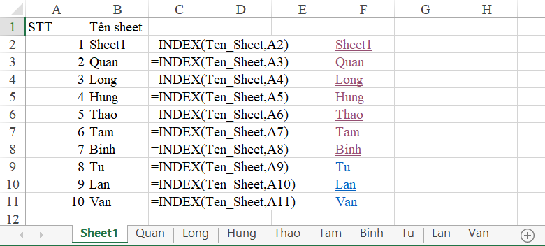 2 - Tạo liên kết các sheet bằng hàm Hyperlink