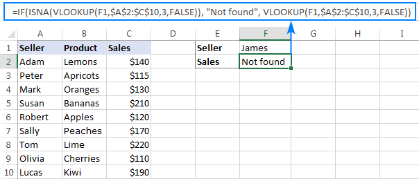 Công thức IF ISNA VLOOKUP để ẩn lỗi #N/A If the lookup value is not found, IF ISNA VLOOKUP returns custom text instead of the N/A error.