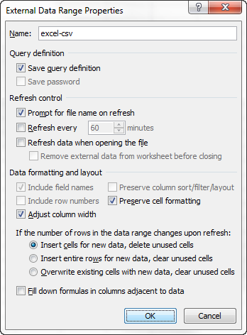 Click the Properties button to set advanced options for the imported data.