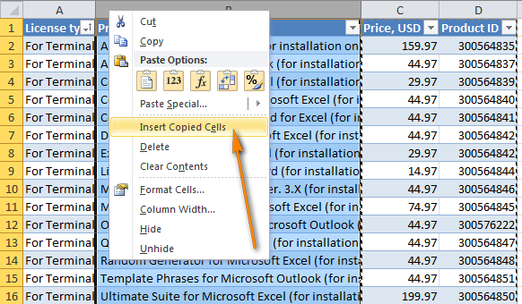 insert-copied-columns Select the column before which you want to insert the copied columns and choose Insert copies cells.