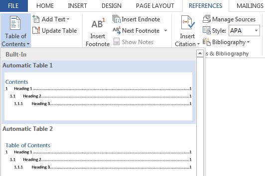 Click Table of Contents on the References tab to insert a TOC