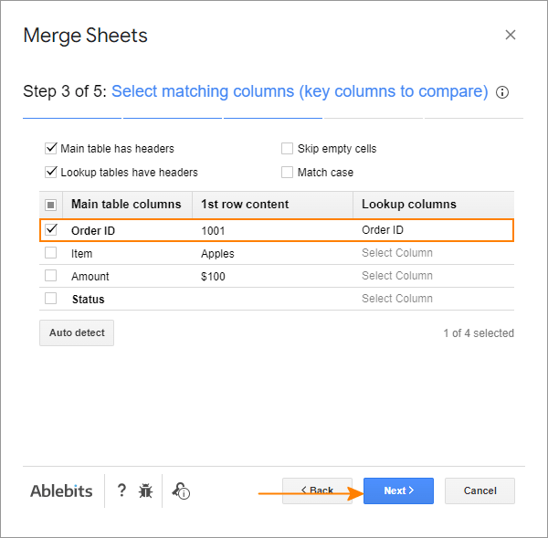 Bước 3: Cách sử dụng tiện ích bổ sung Merge Sheets Select one or more key columns to compare.