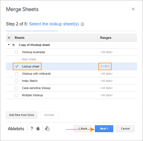 Bước 2: Cách sử dụng tiện ích bổ sung Merge Sheets Select the range in the lookup sheet.