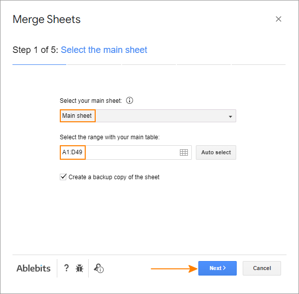 Bước 1: Cách sử dụng tiện ích bổ sung Merge Sheets Select the range in the main sheet.