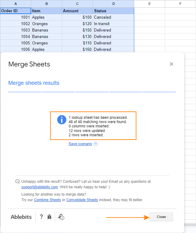Bước 6: Cách sử dụng tiện ích bổ sung Merge Sheets The Merge Sheets results