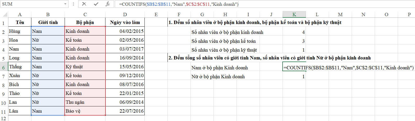 2- Cách sử dụng hàm Countifs đếm theo nhiều điều kiện 2- Cách sử dụng hàm Countifs đếm theo nhiều điều kiện
