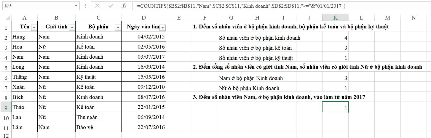 3- Cách sử dụng hàm Countifs đếm theo nhiều điều kiện 3- Cách sử dụng hàm Countifs đếm theo nhiều điều kiện