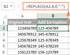 The REPLACE formula to add a hyphen in the 4<sup>th</sup> position in a cell