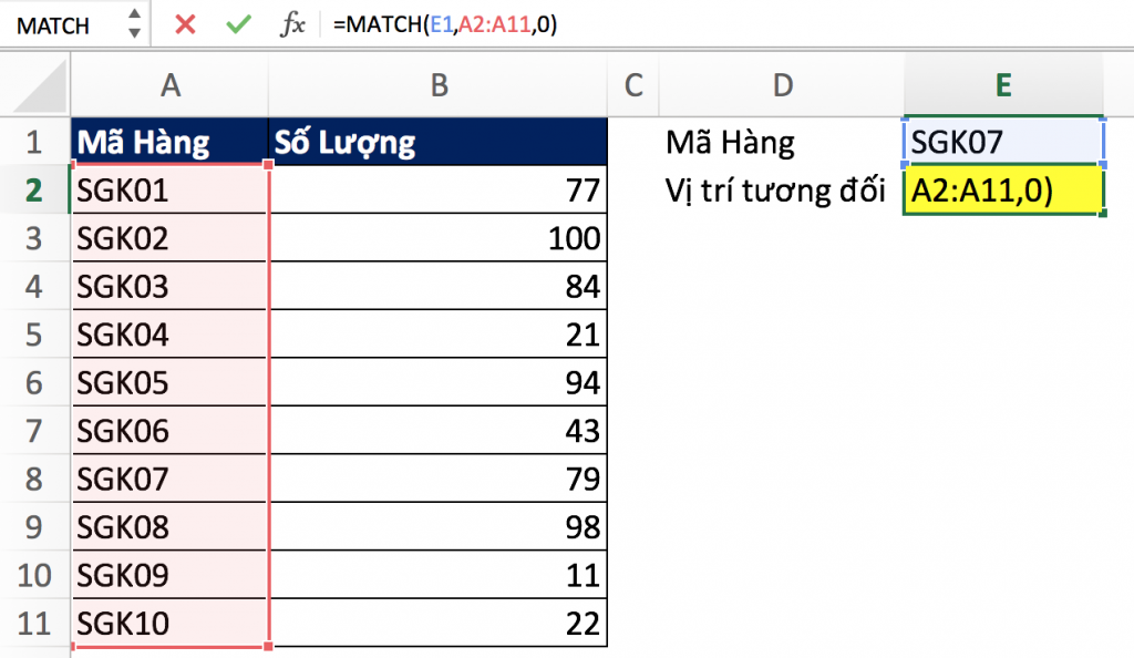 1- Hàm Match trong Excel qua các ví dụ 1- Hàm Match trong Excel qua các ví dụ