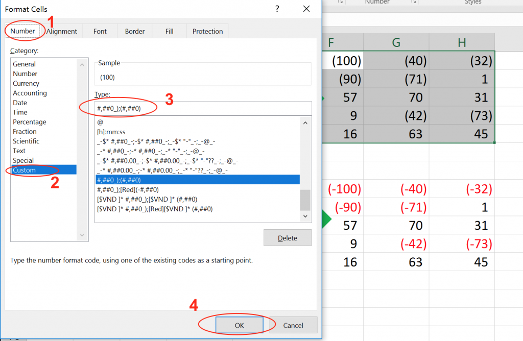 dinh dang so am trong excel