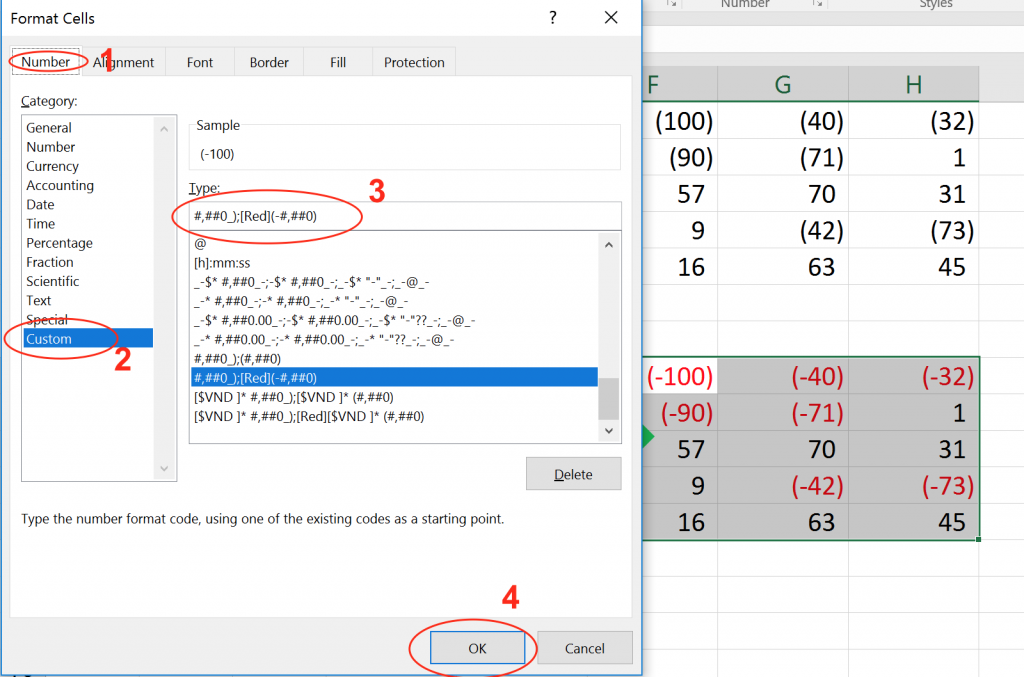 dinh dang so am trong excel