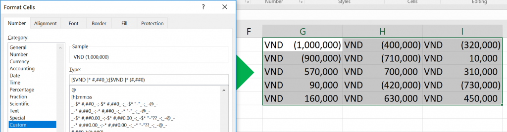 dinh dang so am trong excel
