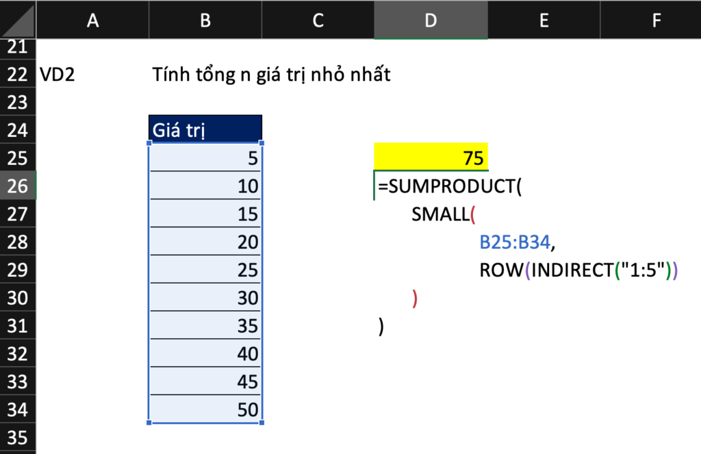 Sử dụng hàm indirect để tính tổng