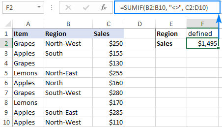 Ví dụ cụ thể về cách dùng hàm sumif 4 SUM IF not blank