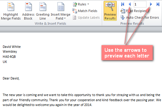 use the left and right arrows to view each letter with the recipient's data.