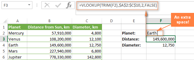 Lỗi khoảng trắng trong cột dò tìm If extra spaces occur in the main table, wrapping the lookup value with the TRIM function.