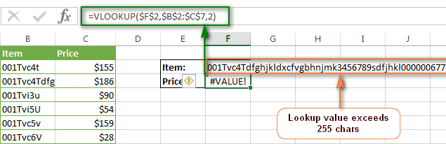 Lỗi #VALUE trong công thức VLOOKUP The VALUE error in VLOOKUP when a lookup value exceeds 255 characters.