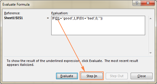 Click the <strong>Step In</strong> button to evaluate another formula that the underlined part refers to.