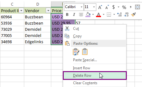 Select the Delete Row option from the list