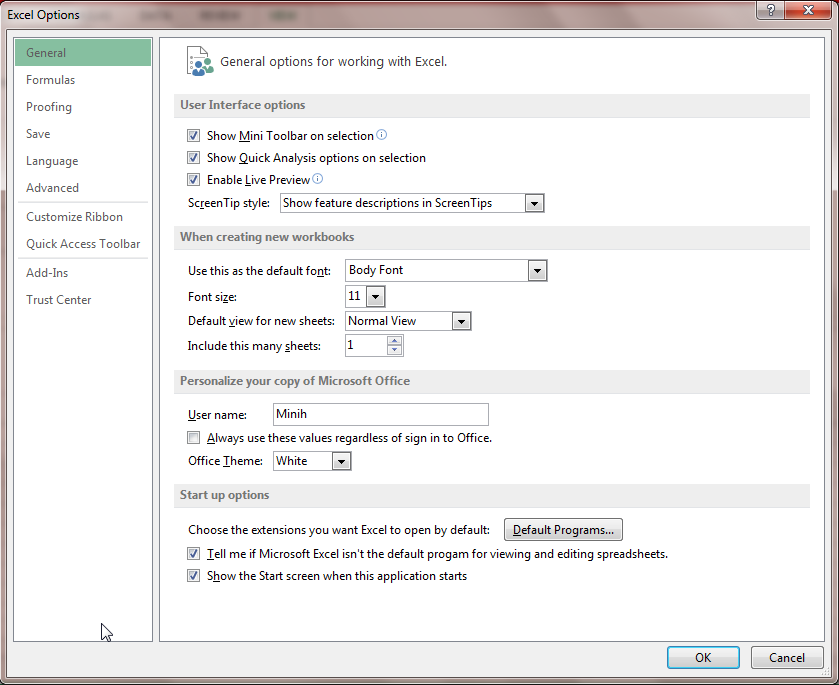 excel options