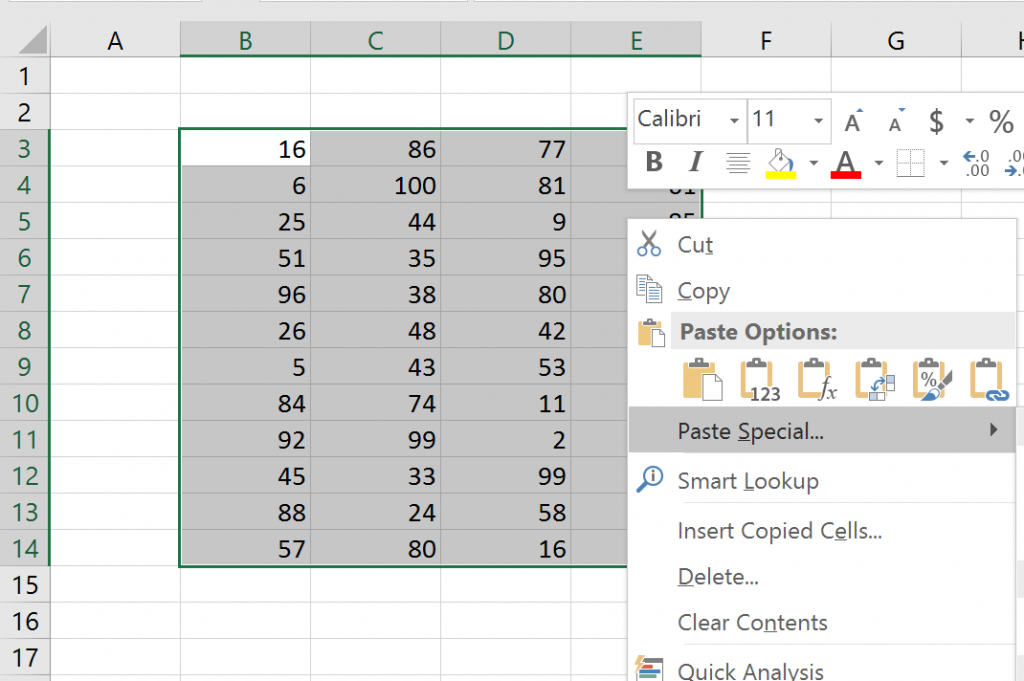 Bước 2: chọn vùng cần xử lý rồi bấm chuột phải, chọn Paste Special Excel nâng cao paste special